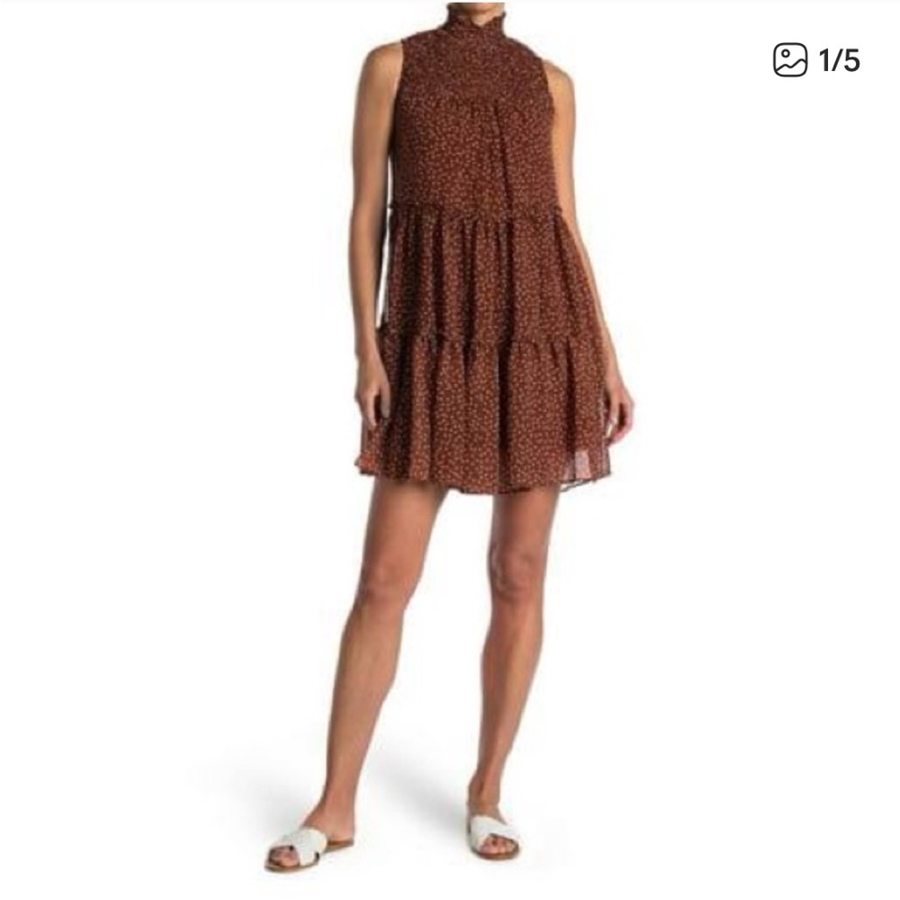 Taylor Brown Polka Dot‎ Smocked High Neck Tiered Mini Dress Sleeveless NWT Large